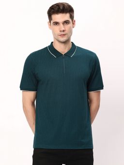 R&B - Green Polyester Blend Slim Fit Collar Neck Solid Men Polo T-Shirt