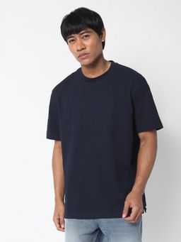 R&B - Men Cotton Blue Crew Neck Solid Regular Half Sleeves T-Shirt