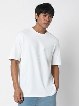R&B - Men Cotton Ivory Crew Neck Solid Regular Half Sleeves T-Shirt
