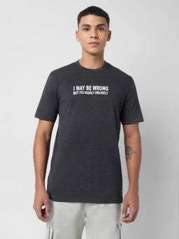 R&B - Men Cotton Grey Crew Neck Typography Regular Half Sleeves T-Shirt