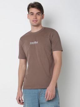 R&B - Brown Cotton Regular Fit Crew Neck Solid Print Men T-Shirt