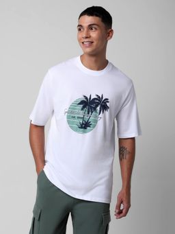 R&B - White Cotton Relaxed Fit Crew Neck Graphic Print Men T-Shirt