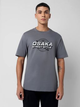 R&B - Cotton Relaxed Fit Crew Neck Typographic Print Grey Men T-Shirt