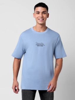 R&B - Blue Cotton Relaxed Fit Crew Neck Blue Typographic Print Men T-Shirt