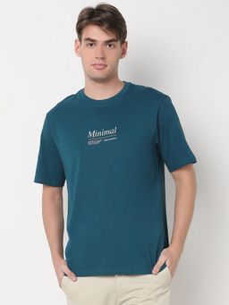 R&B - Teal Cotton Crew Neck Typographic Print Men T-Shirt