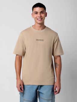 R&B - Men Cotton Beige Crew Neck Typography Relaxed Half Sleeves T-Shirt