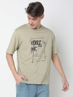 R&B - Green Cotton Relaxed Fit Typographic Print Green Men T-Shirt