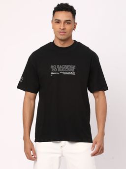 R&B - Black Cotton Regular Fit Crew Neck Typographic Print Black Men T-Shirt