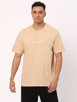 R&B - Beige Cotton Regular Fit Crew Neck Typographic Print Begie Men T-Shirt