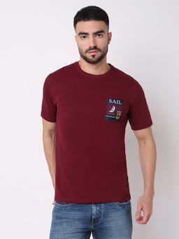 R&B - Men Cotton Maroon Crew Neck Graphic Regular Half Sleeves T-Shirt