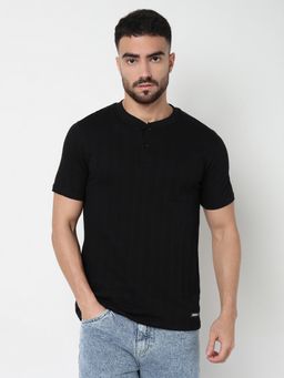 R&B - Black Cotton Slim Fit Henley Neck Men Textured T-Shirt