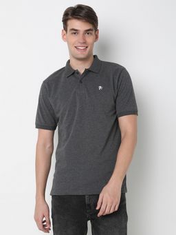 R&B - Men Cotton Charcoal Collar Neck Solid Slim Half Sleeves Polo T-Shirt