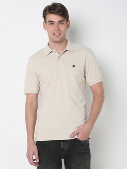 R&B - Men Cotton Beige Collar Neck Solid Slim Half Sleeves Polo T-Shirt