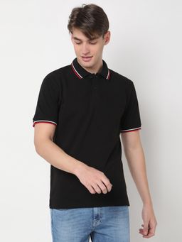 R&B - Black Cotton Slim Fit Collar Neck Solid Short Sleeve Black Men Polo T-Shirt
