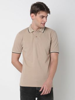 R&B - Beige Cotton Slim Fit Collar Neck Solid Short Sleeve Begie Men Polo T-Shirt