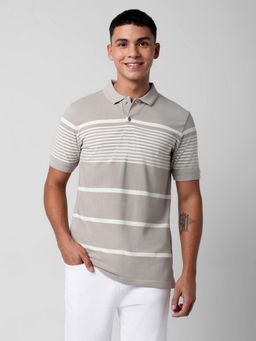 R&B - Beige Cotton Blend Regular Fit Striped Men Polo T-Shirt