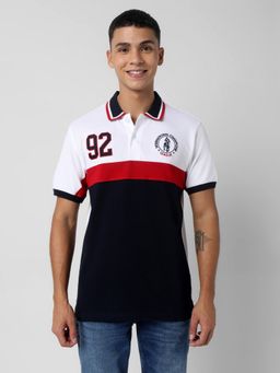 R&B - Men Cotton Navy Blue Collar Neck Colorblock Regular Half Sleeves Polo T-Shirt