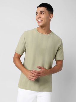 R&B - Green Cotton Crew Neck Textured Short Sleeve Men T-Shirt