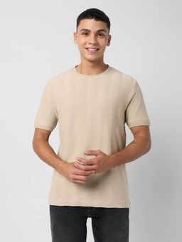R&B - Beige Cotton Regular Fit Crew Neck Textured Short Sleeve Men T-Shirt