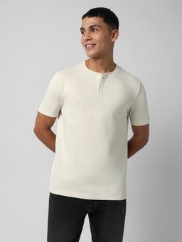 R&B - Men Cotton Beige Henley Neck Textured Regular Half Sleeves T-Shirt