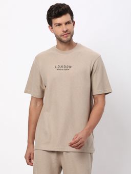 R&B - Beige Cotton Blend Regular Fit Crew Neck Typographic Print Men T-Shirt