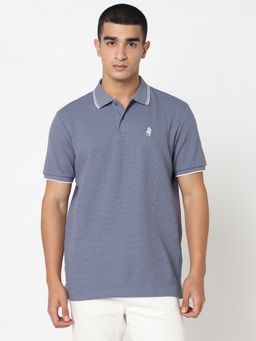 R&B - Blue Cotton Slim Fit Collar Neck Solid Men Polo T-Shirt