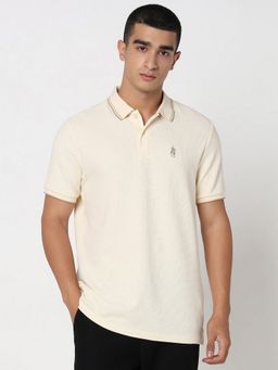 R&B - Cream Cotton Slim Fit Solid Collar Neck Men Polo T-Shirt