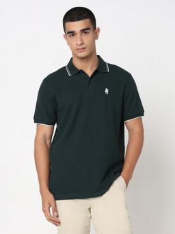 R&B - Green Cotton Solid Collar Neck Men Polo T-Shirt