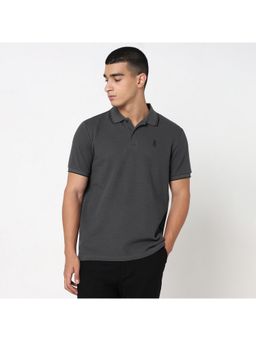 R&B - Charcoal Cotton Men Solid Collar Neck Polo T-Shirt