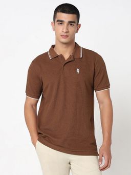 R&B - Brown Cotton Solid Collar Neck Men Polo T-Shirt