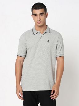 R&B - Grey Cotton Slim Fit Solid Men Collar Neck Polo T-Shirt
