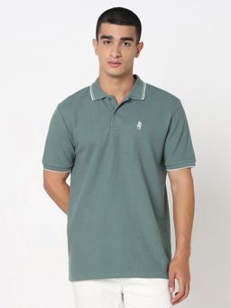 R&B - Green Cotton Slim Fit Solid Collar Neck Men Polo T-Shirt