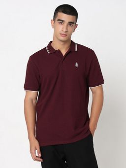 R&B - Maroon Cotton Slim Fit Men Solid Polo T-Shirt