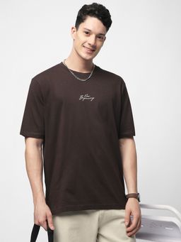 R&B - Cotton Relaxed Fit Crew Neck Typographic Print Brown Men T-Shirt