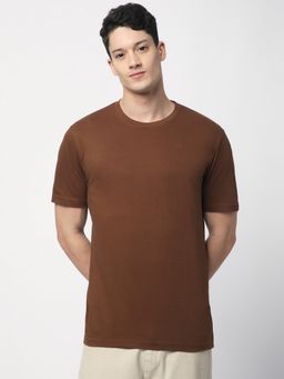 R&B - Cotton Regular Fit Crew Neck Solid Short Sleeve Brown Men T-Shirt