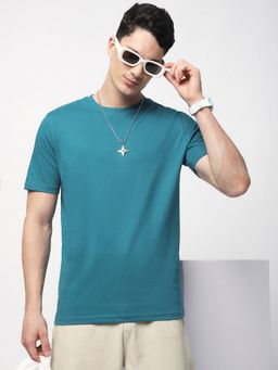 R&B - Cotton Regular Fit Crew Neck Solid Short Sleeve Blue Men T-Shirt