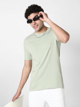 R&B - Cotton Regular Fit Crew Neck Solid Short Sleeve Green Men T-Shirt