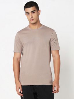 R&B - Taupe Cotton Crew Neck Typographic Print Men T-Shirt