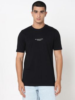 R&B - Black Cotton Regular Fit Crew Neck Men Typographic Print T-Shirt