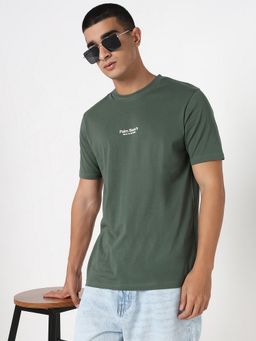 R&B - Cotton Regular Fit Crew Neck Typographic Print Olive Men T-Shirt