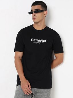 R&B - Black Cotton Regular Fit Crew Neck Typographic Print Black Men T-Shirt