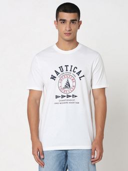 R&B - White Cotton Regular Fit Crew Neck Typography Print Men T-Shirt