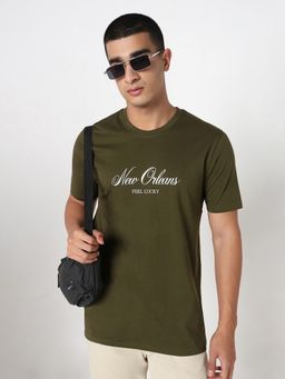 R&B - Olive Typography Cotton Men T-Shirt