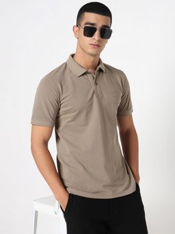 R&B - Men Cotton Blend Beige Collar Neck Solid Regular Half Sleeves Polo T-Shirt