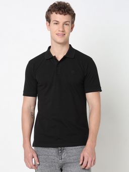 R&B - Men Cotton Blend Black Collar Neck Solid Regular Half Sleeves Polo T-Shirt