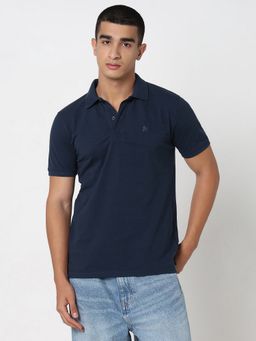 R&B - Men Cotton Blend Blue Collar Neck Solid Regular Half Sleeves Polo T-Shirt
