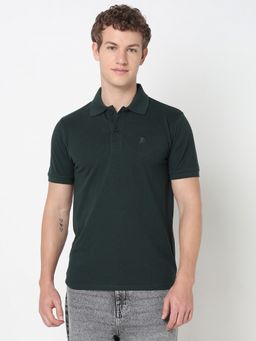 R&B - Men Cotton Blend Green Collar Neck Solid Regular Half Sleeves Polo T-Shirt