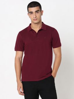 R&B - Men Cotton Blend Maroon Collar Neck Solid Regular Half Sleeves Polo T-Shirt
