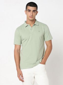 R&B - Men Green Collar Neck Solid Regular Half Sleeves Polo T-Shirt