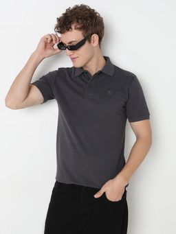 R&B - Men Charcoal Collar Neck Solid Regular Half Sleeves Polo T-Shirt